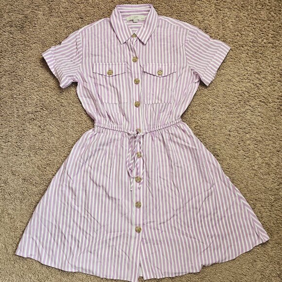 LOFT Dresses & Skirts - LOFT Shirt Dress Womens XXSP Petite Pink White Striped Button Front Short Sleeve